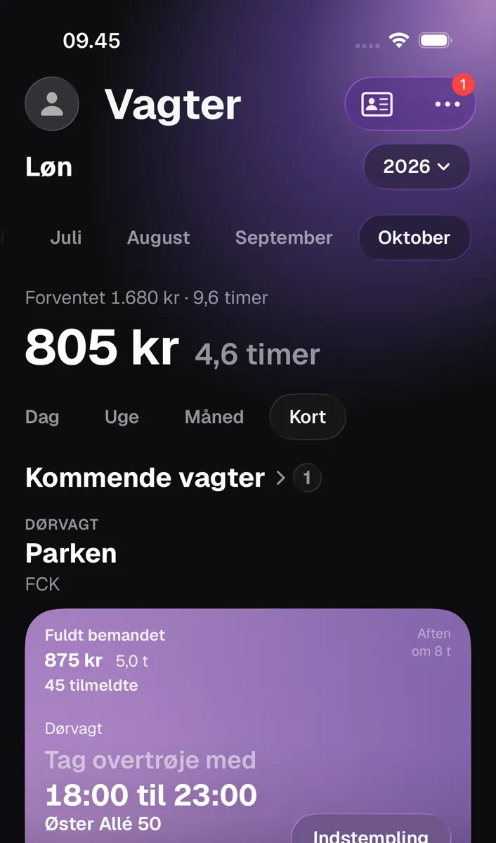Gaard-appen med kommende vagter og løn
